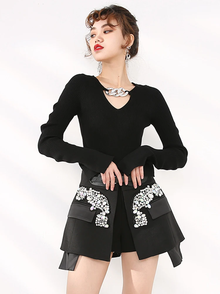 [EAM] High Waist Rhinestones Irregular Temperament Mini Half-body Skirt Women Fashion Tide New Spring Autumn 2024 JY75801