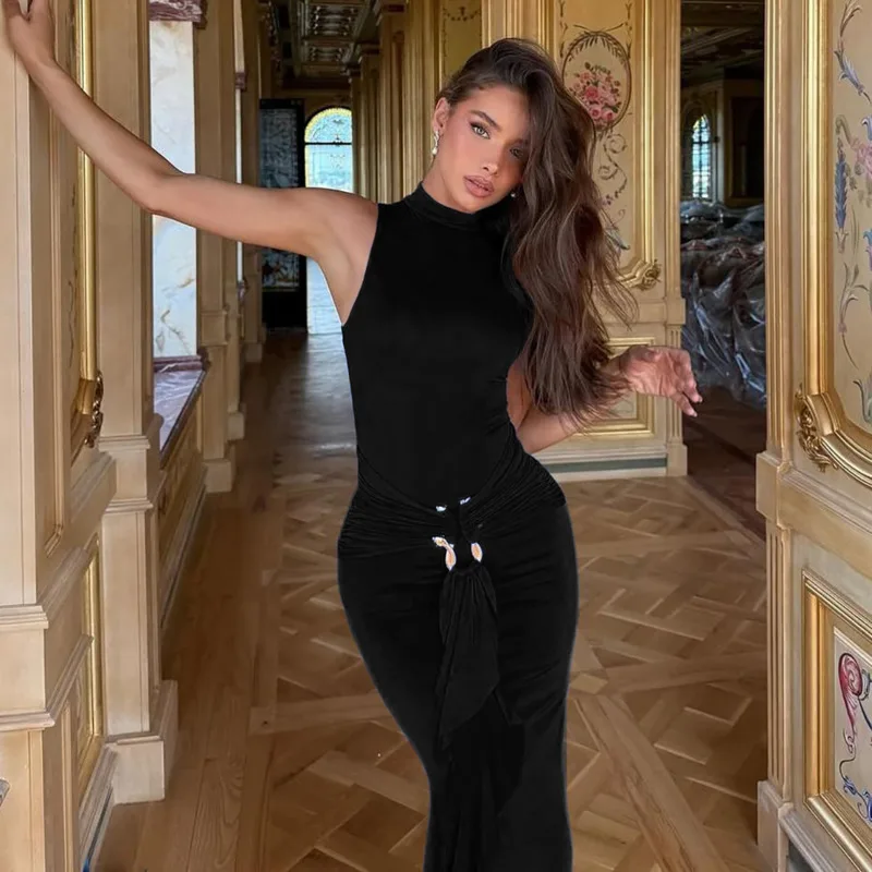 Summer Elegant Long Dress For Women Sleeveless Turtleneck Bodycon Design With Ribbon And Metal Waist Detail Party Banquet Look