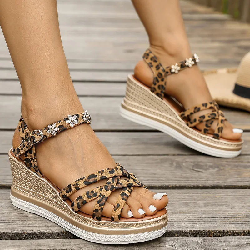 

2025 Wedge Heel Leopard Print Sandals Women Fashion Crystal Flowers Thick Bottom Sandalias Mujer Cross Band Platform Sandles 43