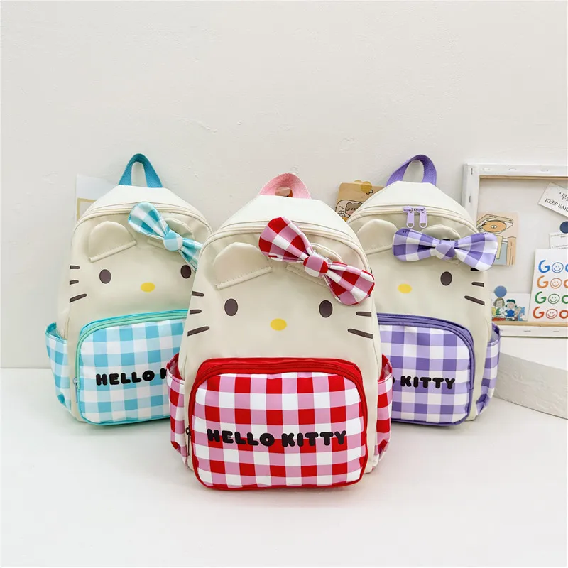 

New Kawaii Kt Cat Girlsbackpack Anime Cat Checkered Bow Nylon Knapsack Double Zipper Children'S Schoolbag Large-Capacity Gift