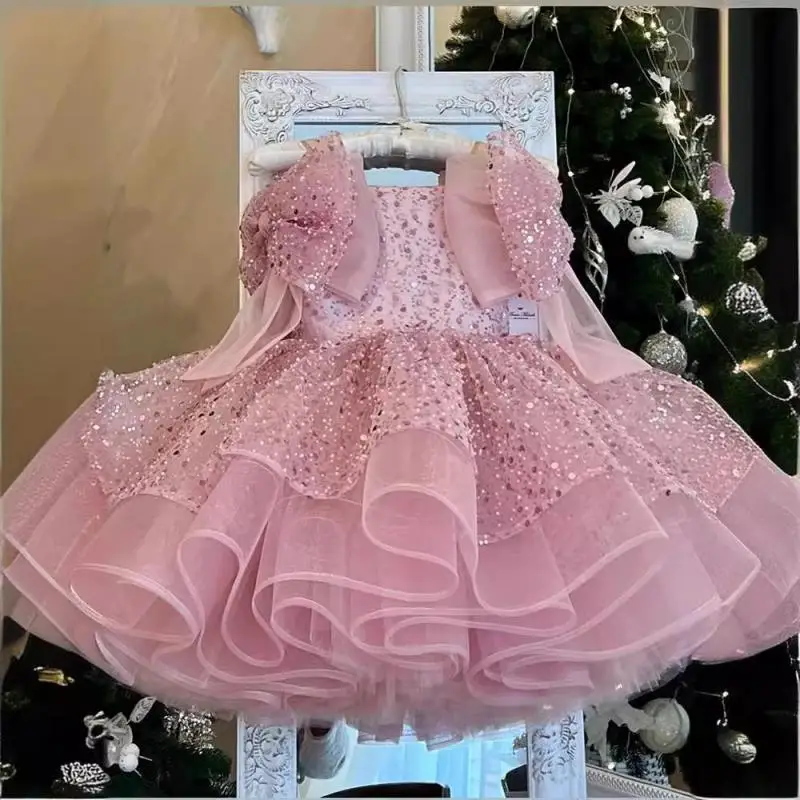 Vestido de princesa rosa doce com arco de lantejoulas para meninas, vestidos macios, roupas de batismo recém-nascidas, pescoço quadrado, fofo, novo, 2024