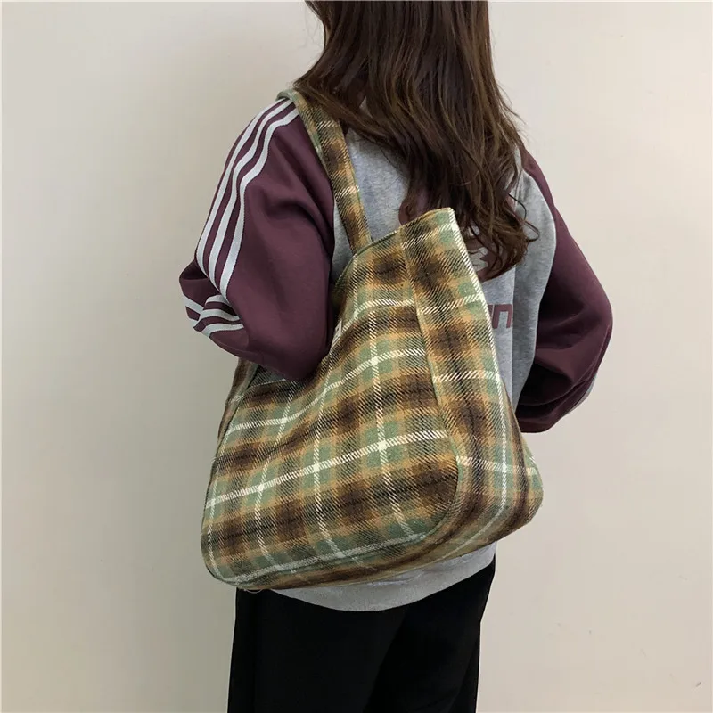 Shoulder Bag Large Capacity Handbag Woolen Cloth Check Korean New Style All-match Casual Tote Street Fashion Classic All-match