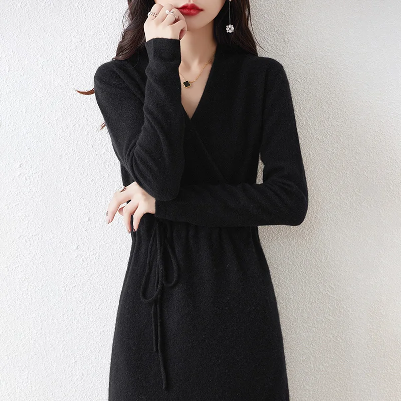 Fashionable and Collar Women's Long 100% Pure Wool Dress Autumn and Winter New Knitted Dress Lace up Waistband Wool Bottom Skirt