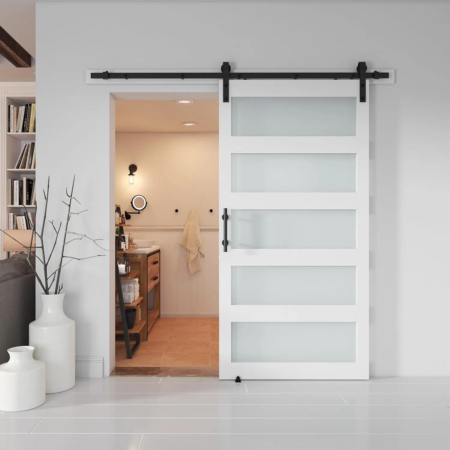 

42'' x 84'' Glass Barn Door and 7 Ft Hardware Kit Included, MDF White Barn Door Slab with Frosted Glass, PVC Surface,