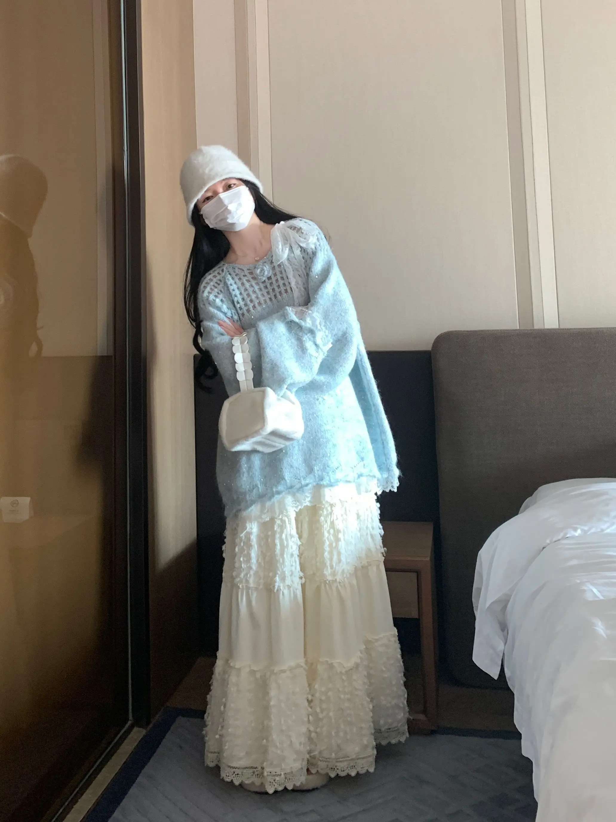 

Кружевной свитер с эффектом тай-дай, свободный, с длинными рукавами, круглым вырезом, теплый, однотонный, осенний, для повседневной носки