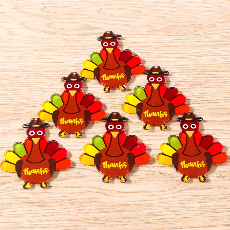 5PCS Happy Thanksgiving Give Thanks Turkey Acrylic Epoxy Pendant Charms For Necklace Earring DIY Making Accessories Jewelry