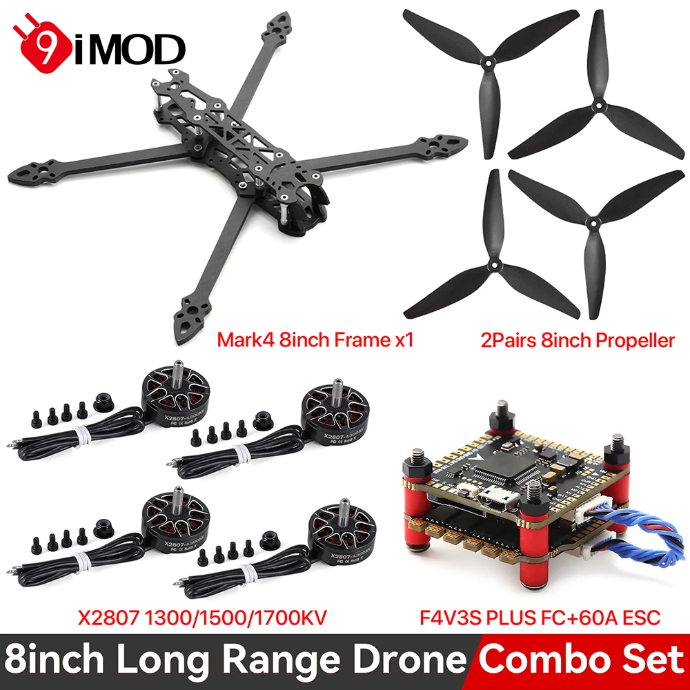 

9IMOD Mark4 8inch 375mm Wheelbase Carbon Fiber Frame 5mm Arm X2807 1300/1500/1700KV Brushless Motor 8inch Propeller for 8" Drone