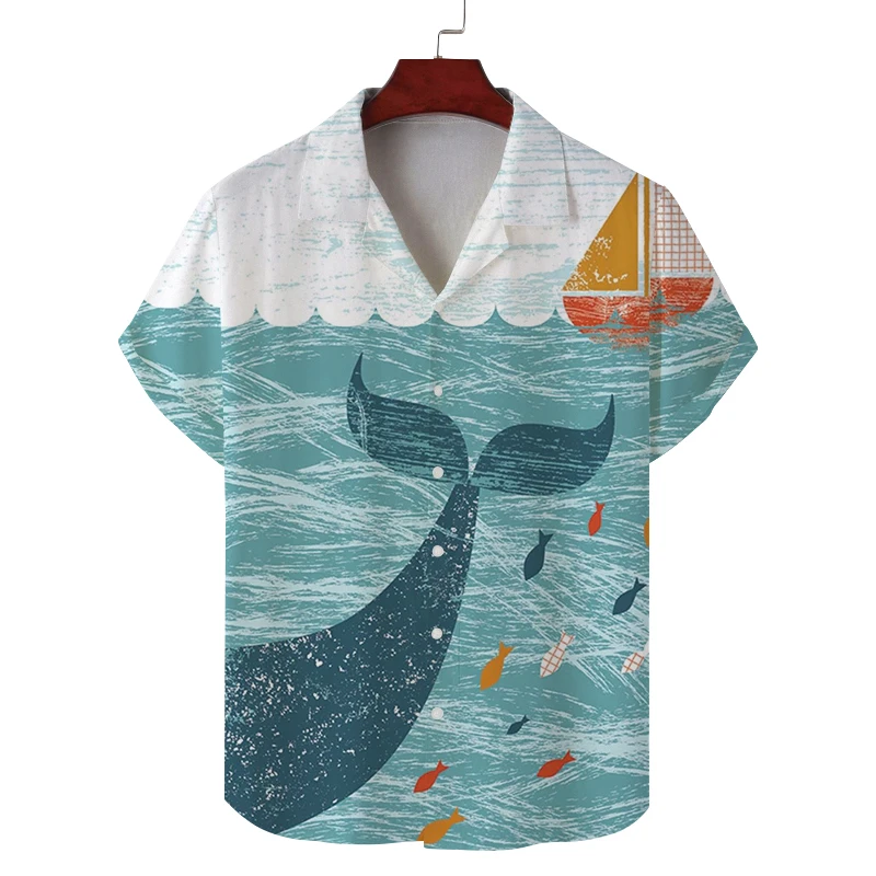 Men's Summer Cuban Collar Short-Sleeved Shirt with Whale Print Men's Shirt Comfortable and Breathable