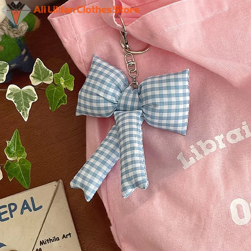 Trendy Checkered Bowknot Pearl Keychain Pendant Sweet Bow Keyring For Women Girls Fashion Backpack Hanging Decoration Gifts