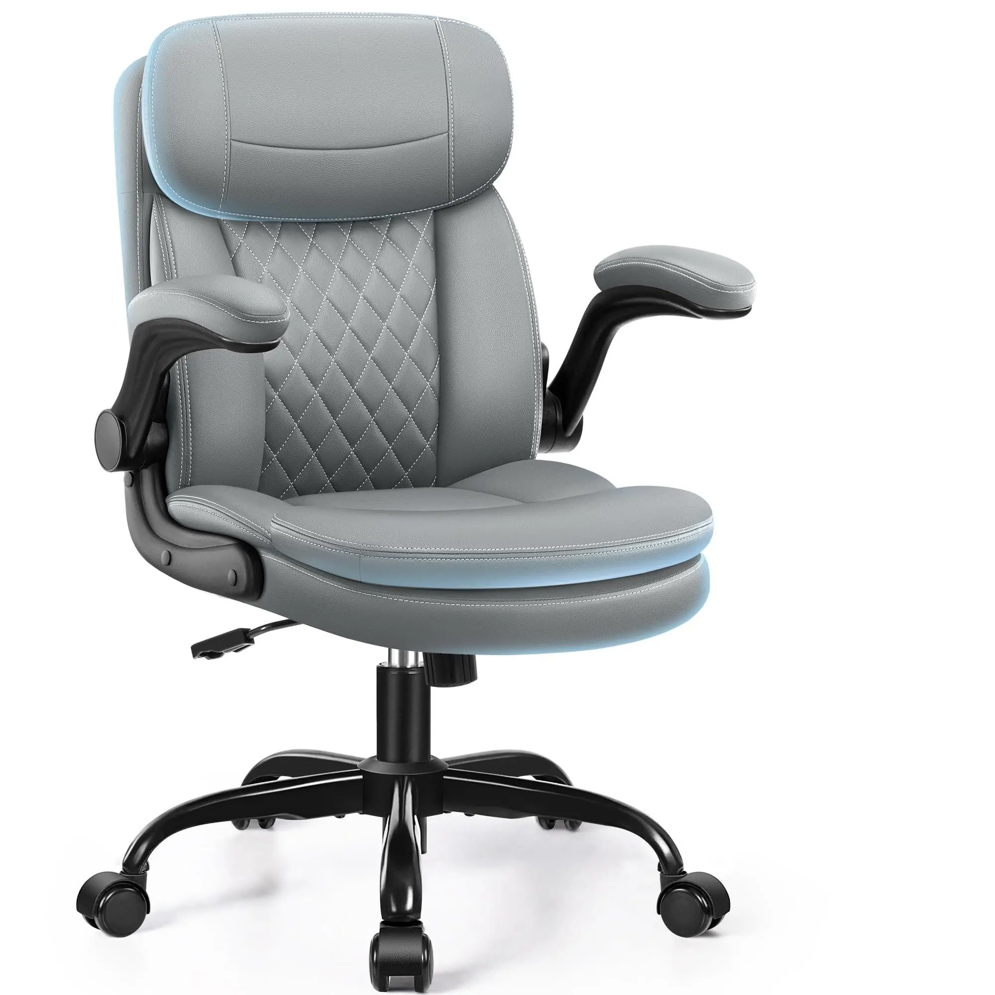 

Ergonomic PU Office Chair With Double Layer Seat Cushion Neckrest 360° Swivel Adjustable Armrests Grey