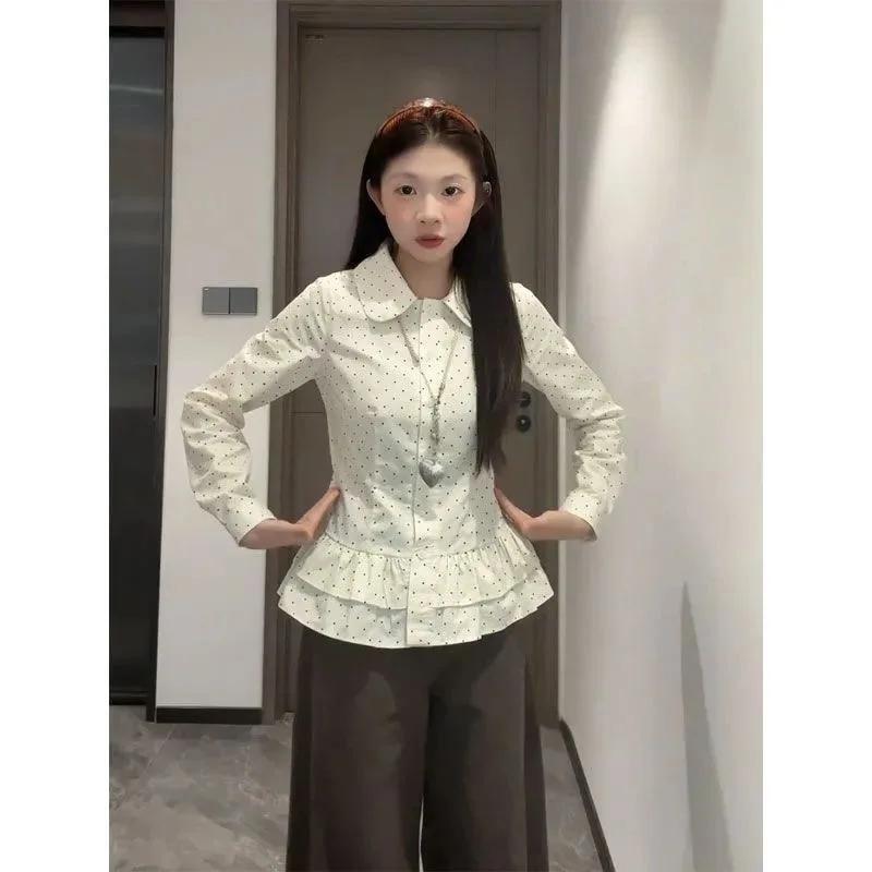 Sweet Gentle Large Size Long Sleeve Blouse Baby Doll Collar Gathered Hem Early Autumn New Style Breathable Comfortable Polyes...