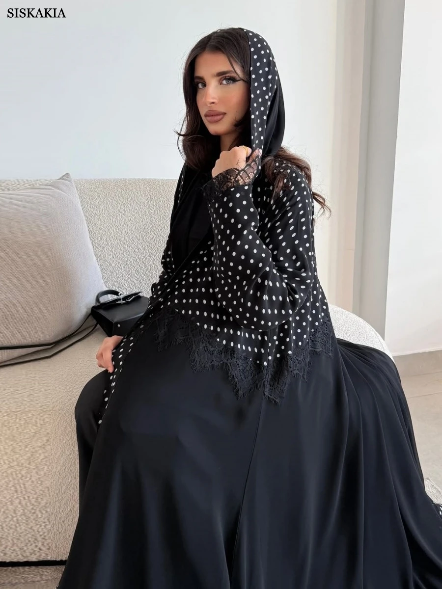 

Siskakia New Muslim Polka Dot Abaya Dubai Lace Patchwork Open Kaftan Hijab Clothing Women 2025