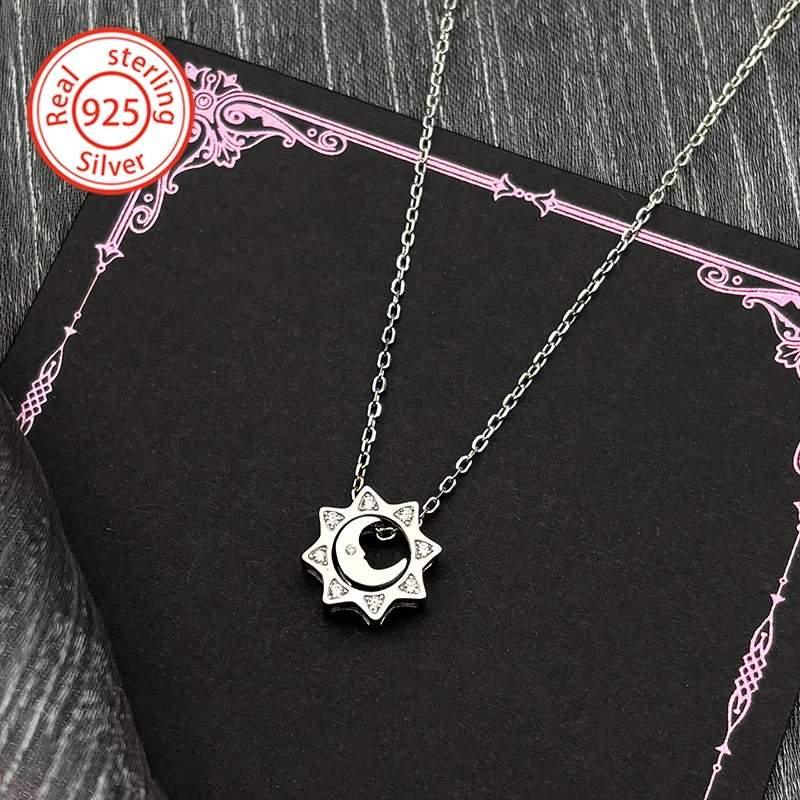 Luxury 925 Sterling Silver Zircon Moon Sun Pendant Necklace for Women Girl Simple Mystical Clavicle Chain Party Jewelry Gift