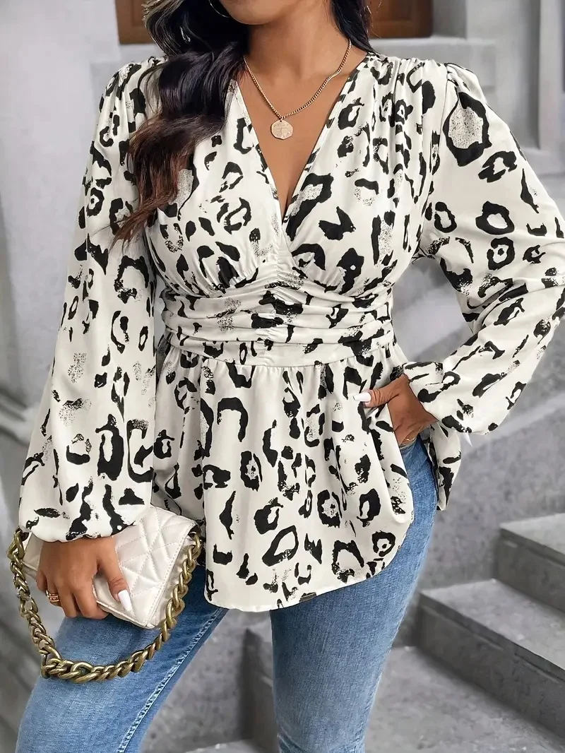 Neues Leopardenmuster Modisches und Elegantes Übergrößen-Damen-Langarmhemd mit Taillenbetonung – Detail 10