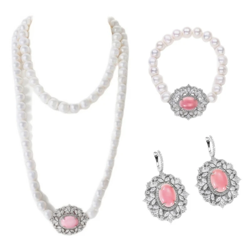Bellux S925 Pure Silver Luxury Gold Plated High Carbon Diamond White Pearl Pink Queen Shell Necklace Bracelet Earrings Set