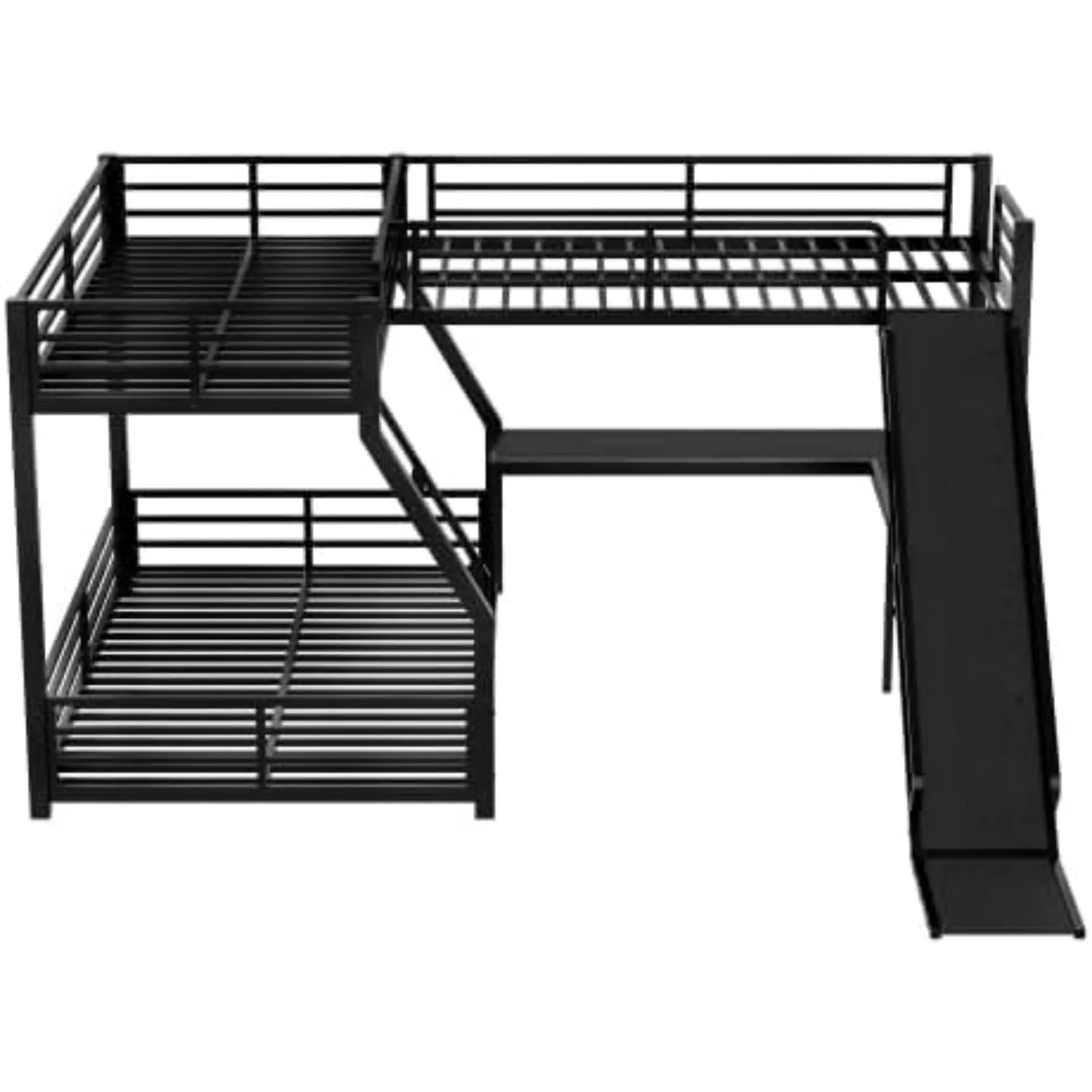 L-Shaped Triple Bunk Bed Twin Over Full with Slide Desk USB Ports Metal Frame 2 Ladders Guardrails Kids Teens Room,
