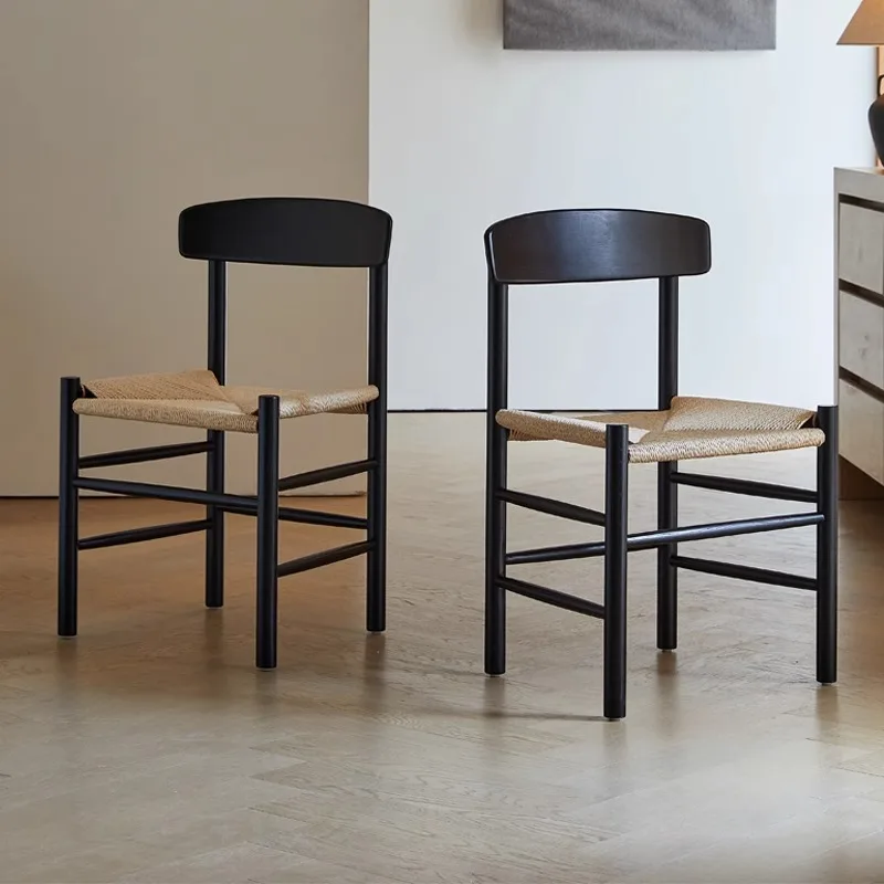 2025 جديد منتصف القرن الحديثة خشب متين الطعام كرسي المنسوجة يدويا حبل القنب مسند الظهر أثاث المكاتب المطبخ المنزلي