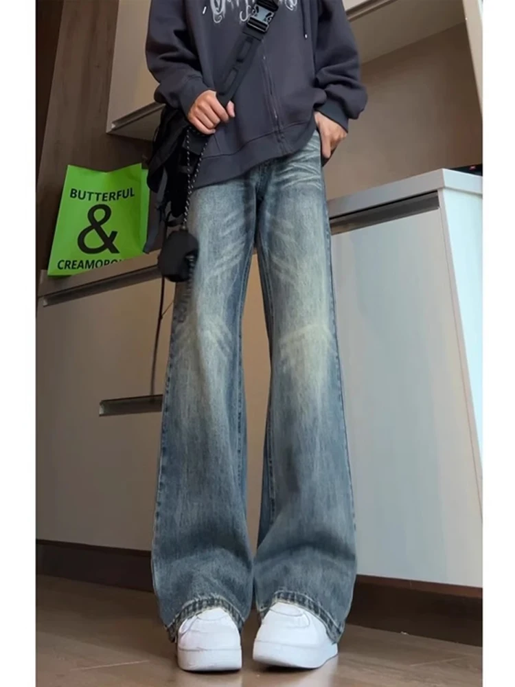 

American Sle Retro Blue Knife Jeans Men's Loose Flared High Waist Straight Leg Casual Trousers for Spring Season