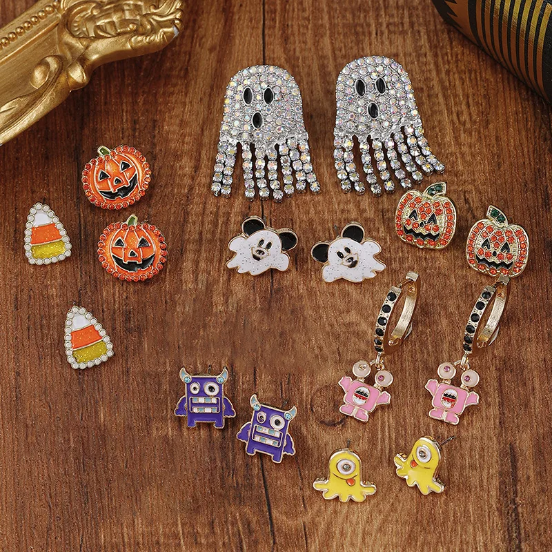 

Halloween Earrings Dripping Monster & Pumpkin Studs Witch Mask Dangle Glam Crystal Party Jewelry