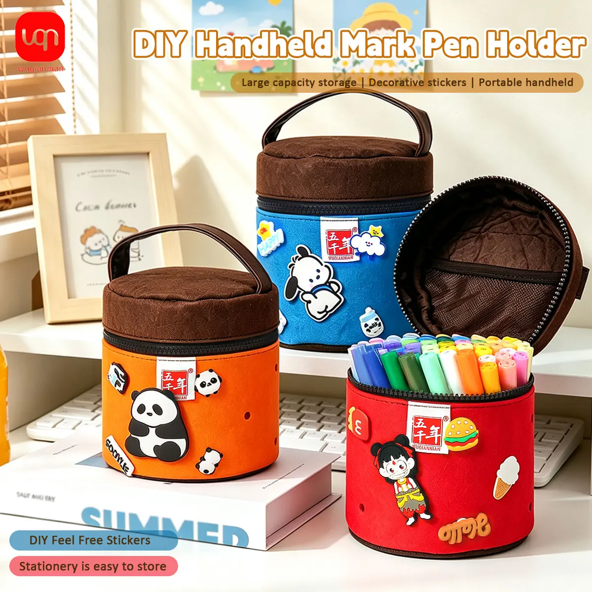 Portable Handheld Cylinder Pen Bag, DIY Decor Felt Marker Storage Case, Large Capacity Zipper Pencil Pouch Students Art Supplies