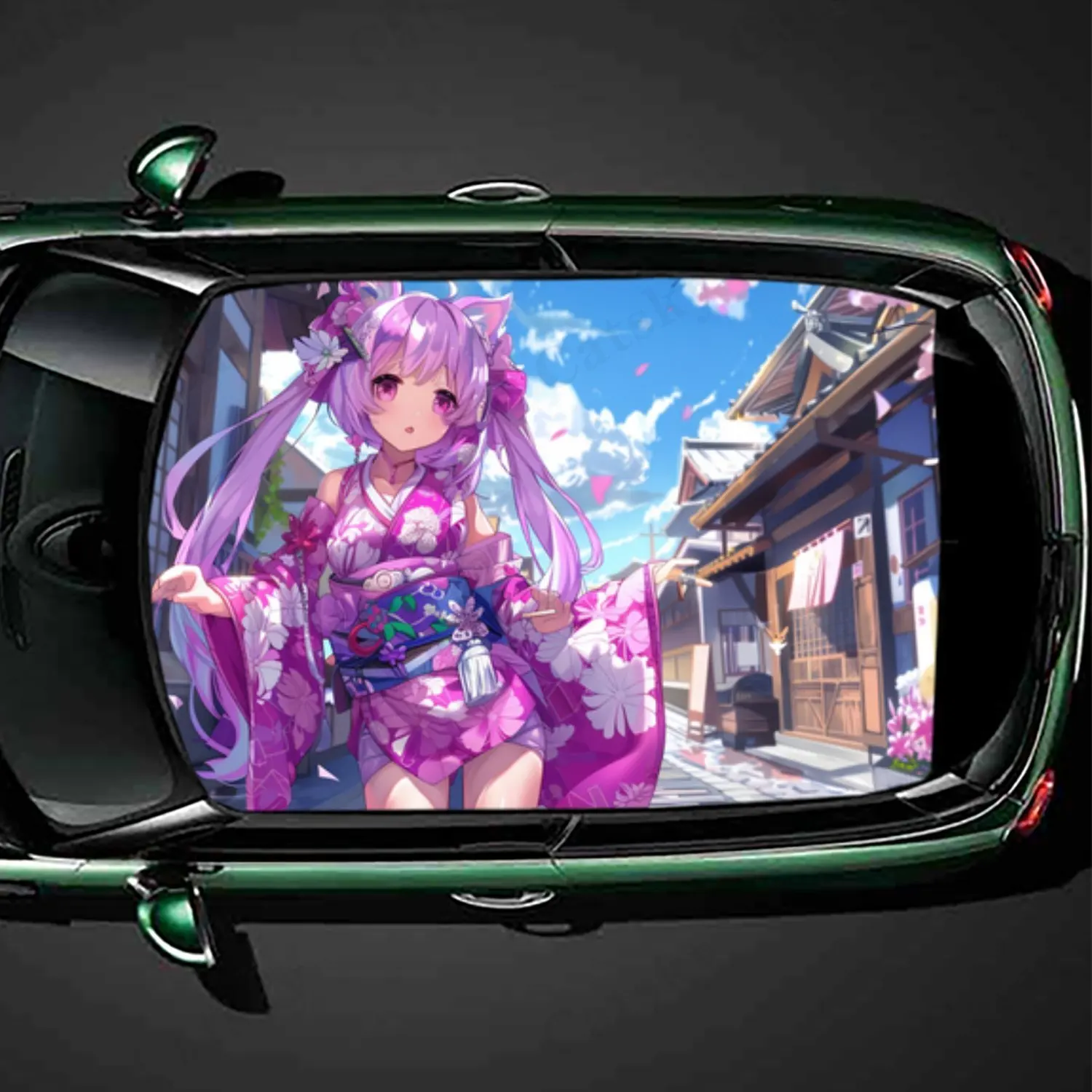 

Artistic futuristic cyberpunk girl with purple hair Car roof vinyl wraps are waterproof and self - adhesive. They have surface -