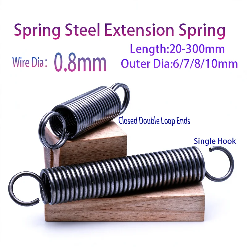 0.8mm Extension Springs with Hooks Spring Steel Closed Double Loop/Single Hook Tension Coil Springs 20-310mm Long 5-10Pcs/Pack