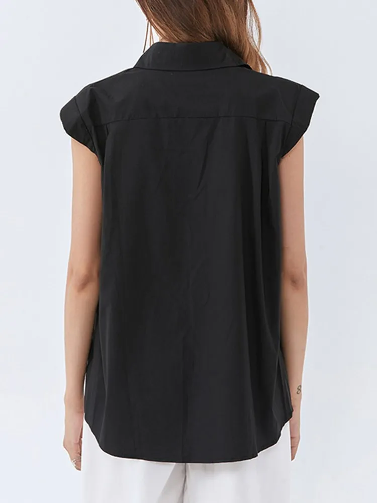 KBQ Casual Spliced Single Breasted Shirts For Women Lapel Sleeveless Patchwork Pocket Loose Solid Straight Blouses Female New