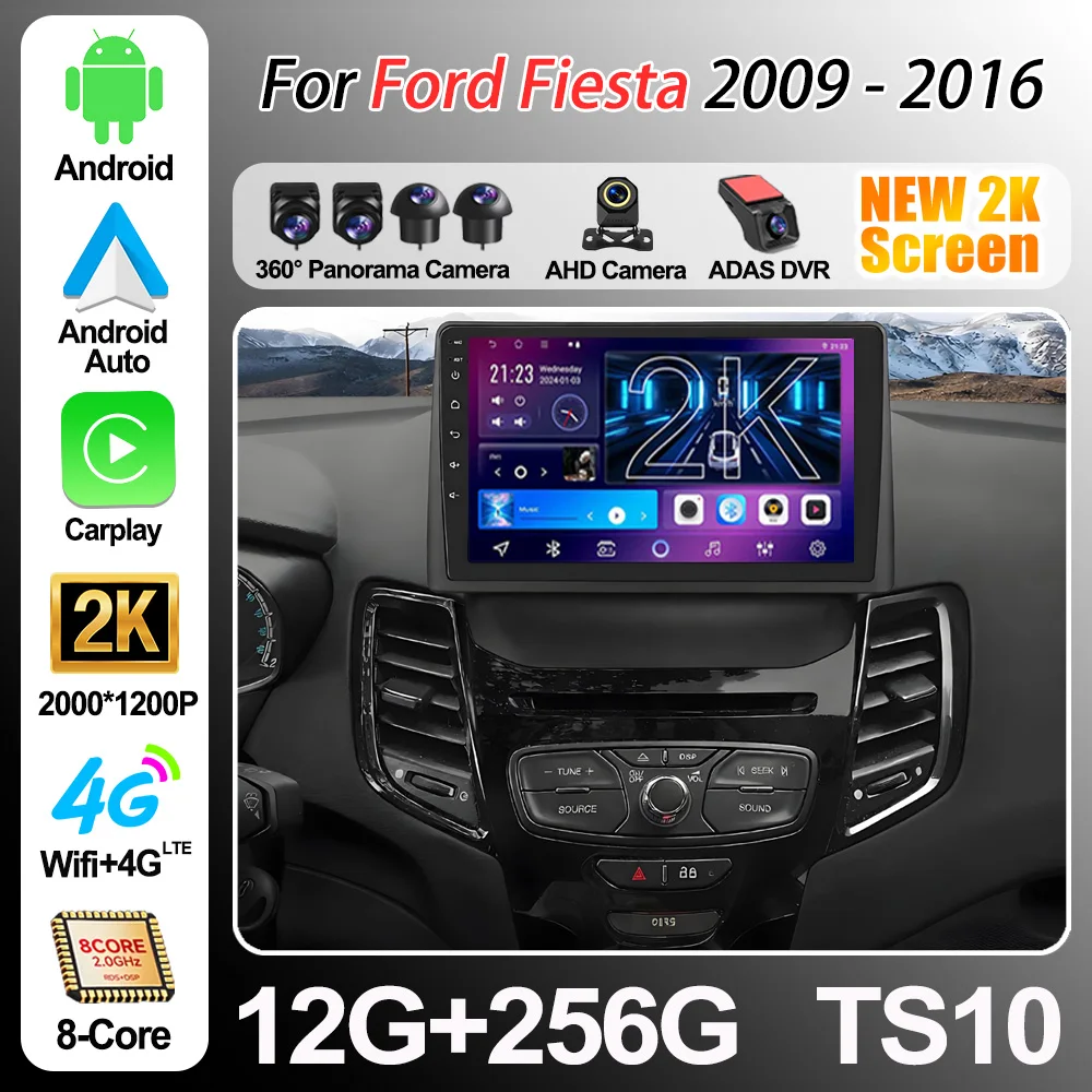 Android 16 Stereo Head Unit For Ford Fiesta 2009 2010-2016 2K QLED Car Radio Multimedia Video Player Android Auto Gps navigation