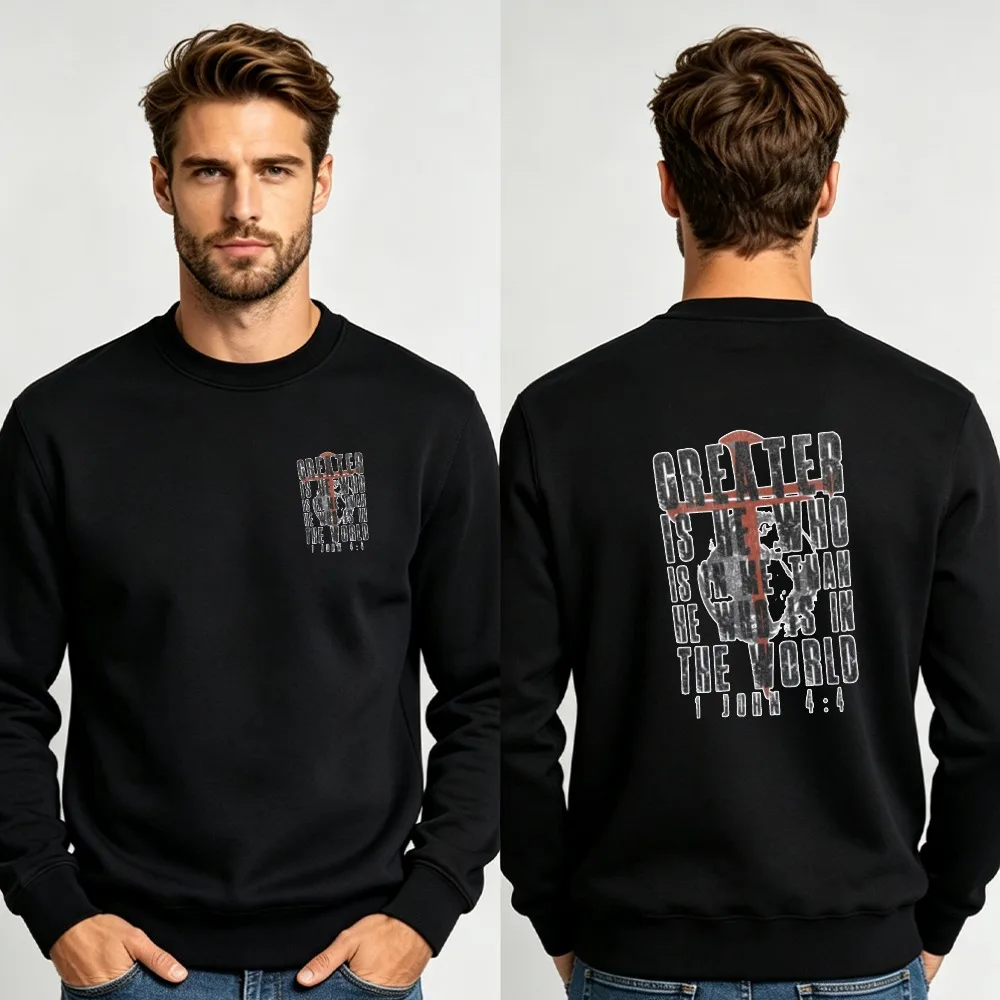 Men Greater Is He in Me Distressed Cross Double Sided Crewneck Sweatshirt Retro Bible Quote Faith Long Sleeve Pullover Sweat Top