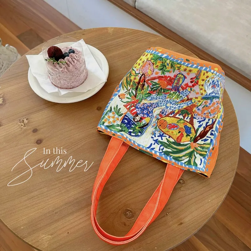 Youda New Fashion Canvas Fabric Handbag for Women Special Colorful Artist Design Pattern Top-handle Bag Casual Lunch Tote Bags
