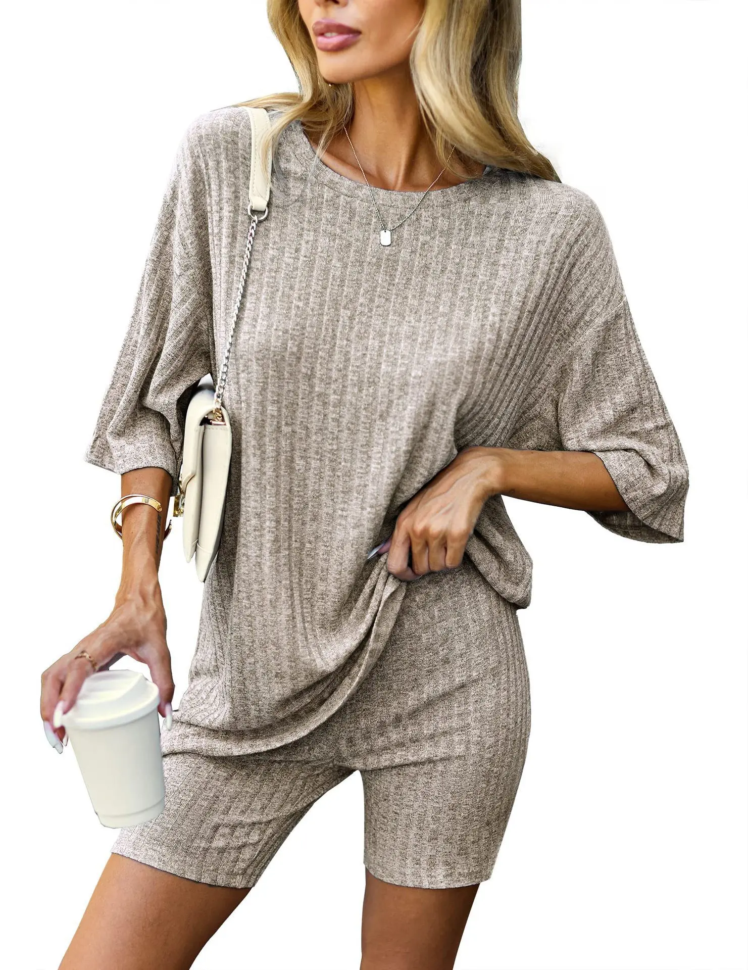 Two Piece Set Pajamas 2 Piece Lounge Sets Ribbed Knit Matching Outfits T shirt Biker Shorts Sleepwear Loungewear Sweatsuits Pant