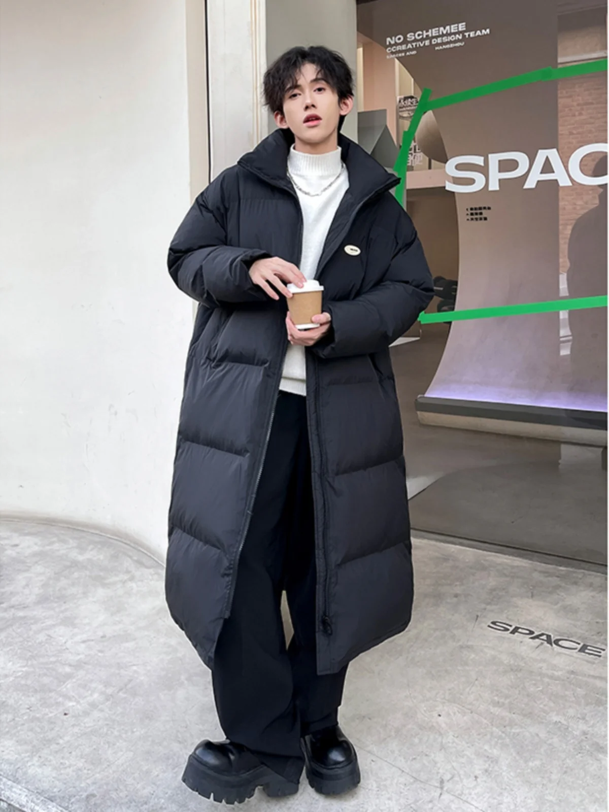 Men's Winter Thickened Warm Knee-length Cotton Jacket Stand Collar Anti-cold Outerwear Long Sleeve Cleanfit Polyester Fiber
