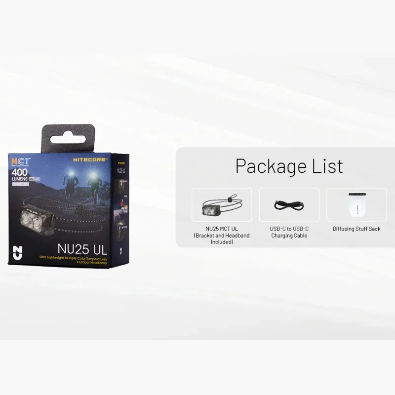 NITECORE NU25 MCT UL Dual beam USB-C rechargeable Headlamp 400Lumens Beam color White Light, Red Light Built-in 650mAh Battery