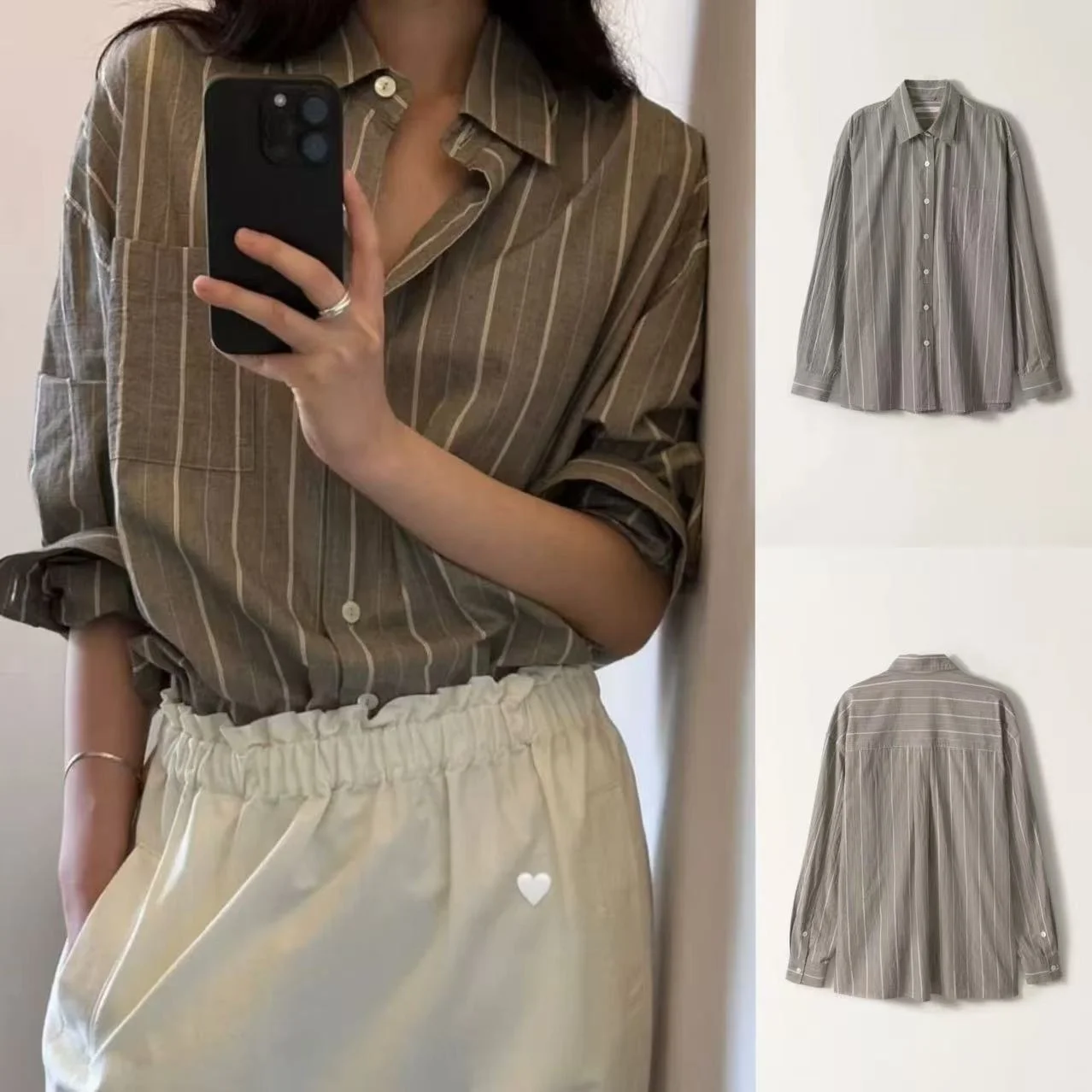 

Свободный крой в полоску, корейский Sle Long Sve, отложной воротник, женский топ средней длины Lazy Sle для осеннего сезона