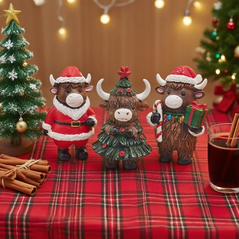 3pcs/lot New Christmas Cute Highland Cow Decorative Figurine For Home Garden Halloween Holiday Atmosphere Gift Ornament