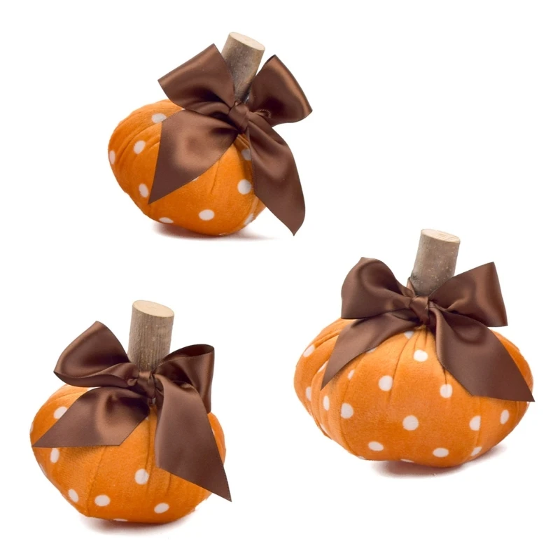 Pack of 3 Dots Fabric Wrapping Faux Pumpkin Figurines with Ribbon and Stem Ornaments for Fall and Halloween Decors