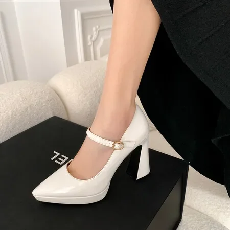 Spring and Autumn New Style Fashion Pointed Tip High-heeled Women\'s Shoes Shallow Mouth Buckle Simplicity Thick Heel Women Shoes