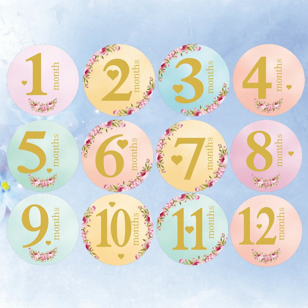 

12pcs Monthly Stickers Round Milestone Tracker For Self-Adhesive Growth Photo Props Belly Stickers Holiday