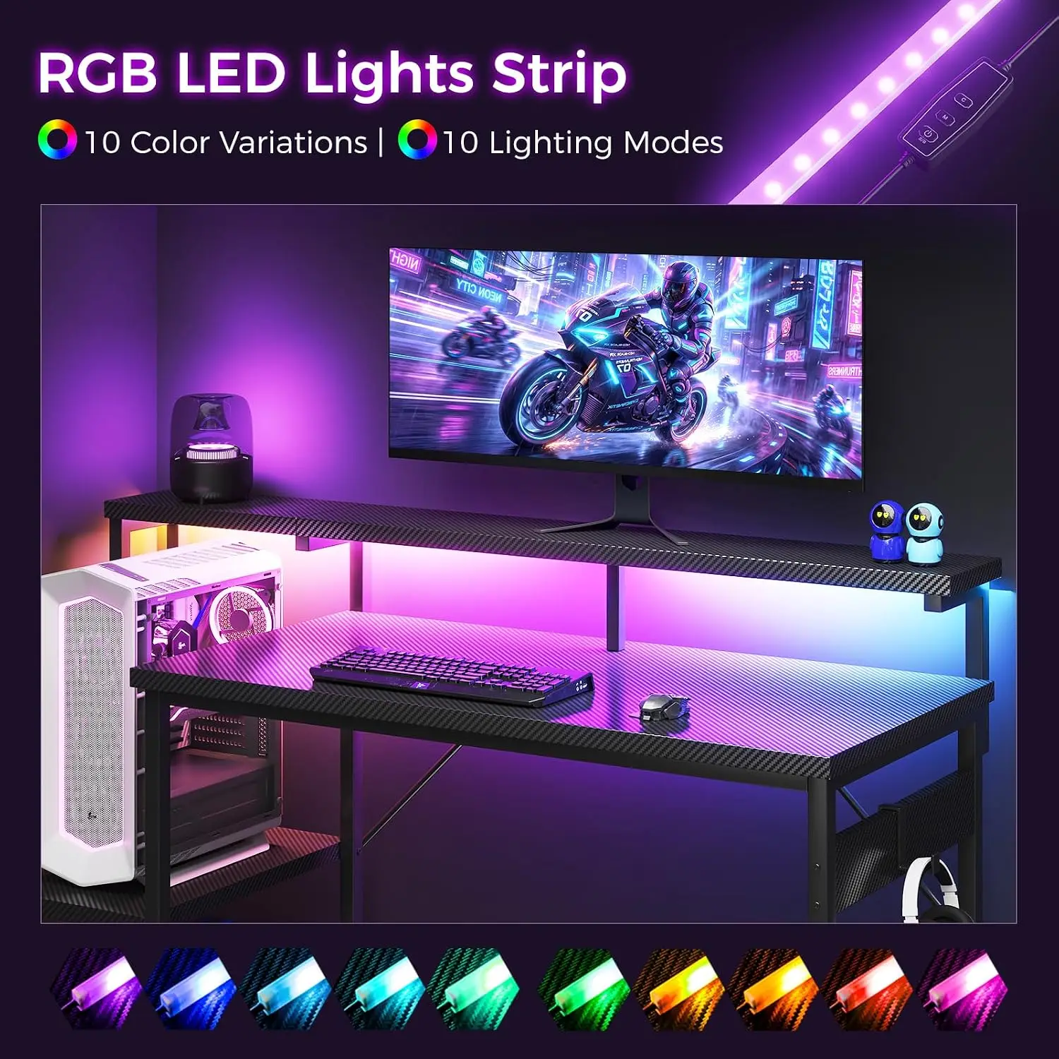 48 Inch Gaming Desk with LED Lights & CPU Stand, Carbon Fiber Black, Customized