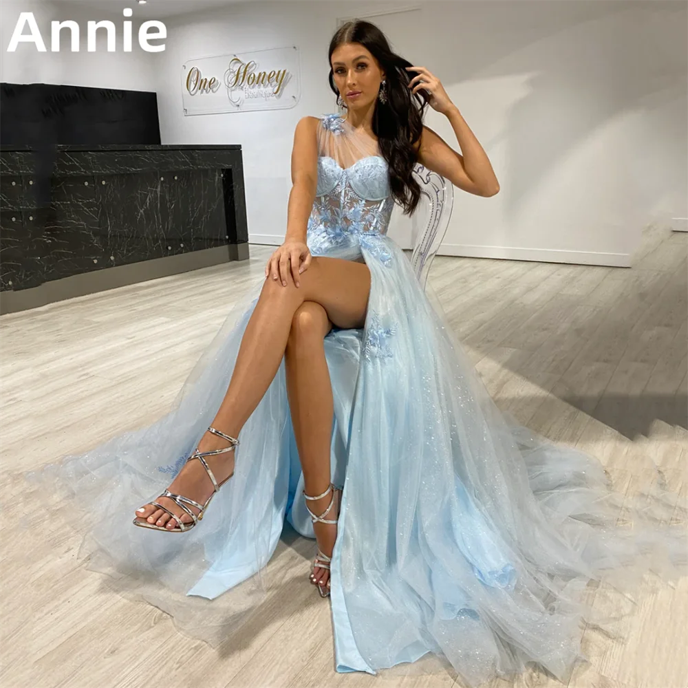 Annie 3D Decals Prom Dresses Shiny Tulle Evening Dress Formal Occasions Blue Sexy Side Slit Princess Homecoming Party Dresses