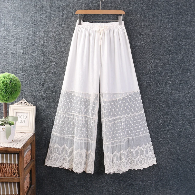 

Summer Thin Sheer Cotton Mesh Embroidered Wide Leg Pants Women Basic Casual