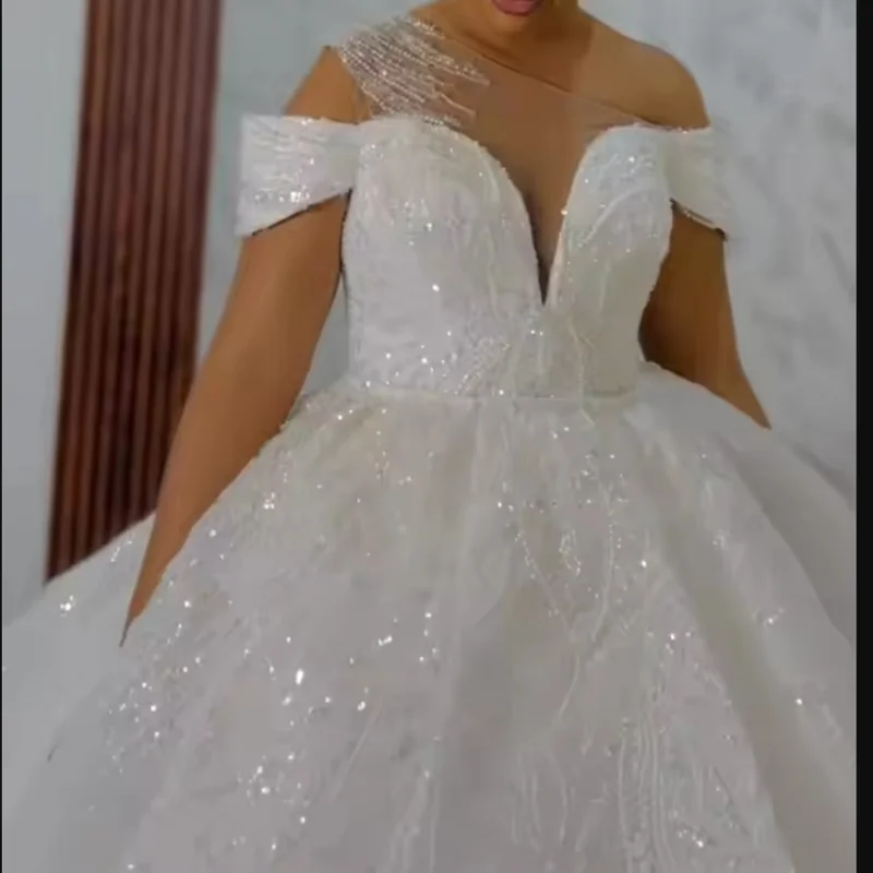 

Customized Off the Shoulder Shinny Sequin Beads Wedding Dress Sweep Train Robe De Mariée Ballgown Princess Bridal Gown