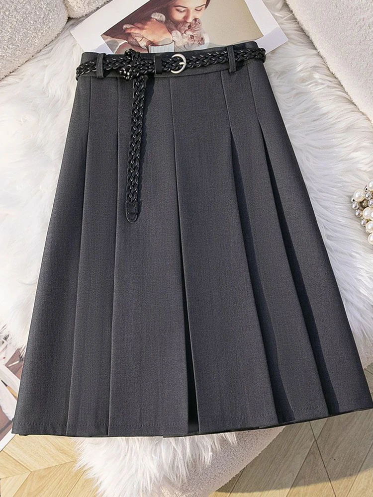 Elegant Belt Suit Pleated Skirt Women Vintage High Waist Preppy Style Midi Skirts Fall Female Slim Retro Sweet Dot A Line Skirt