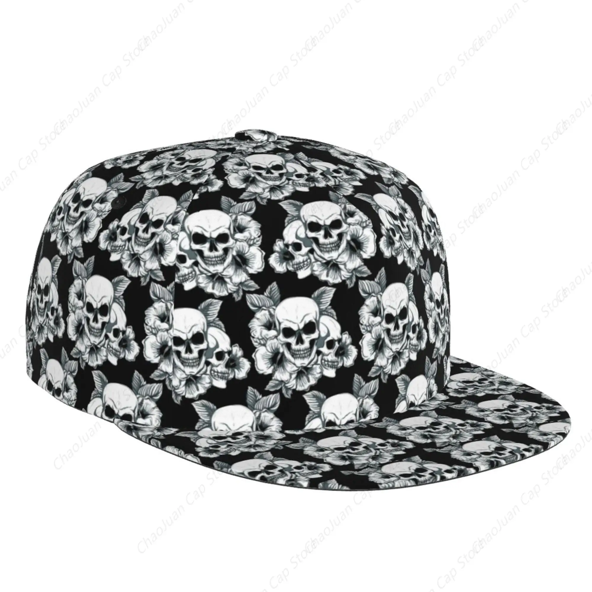 

Floral Sugar Skull Black and White Snapback Flat Bill Brim Cap, Cool Hip Hop Hat Sun Hat Breathable Adjustable Baseball Caps