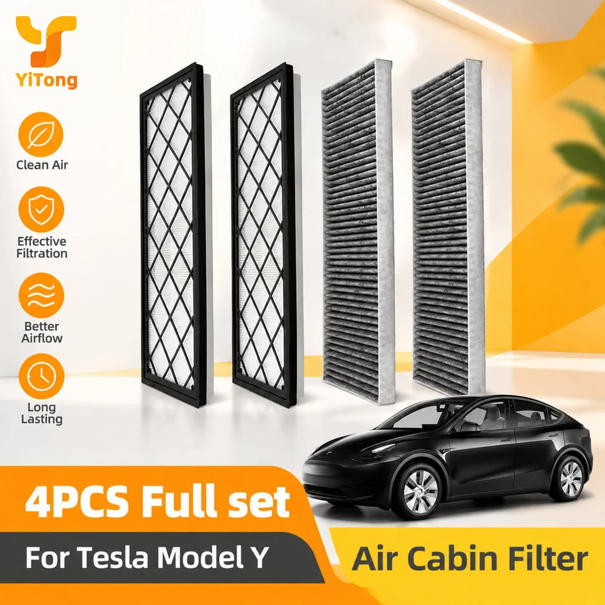 Yitong 4PCS/set Air Cabin Filter Set Fit for Tesla Model Y 4 Piece Activated Carbon Multi Layer Dust Odor Replacement Filters