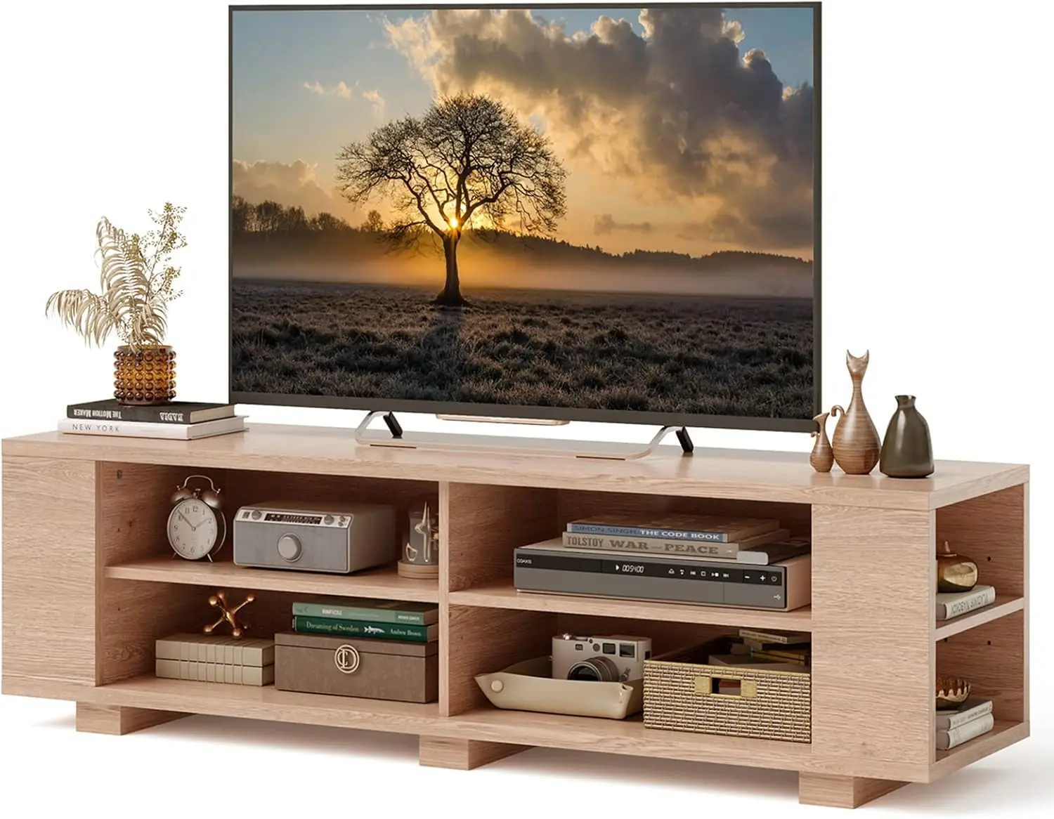 Wooden TV stand, suitable for flat screen TVs up to 65 inches, modern entertainment center with 8 open shelves