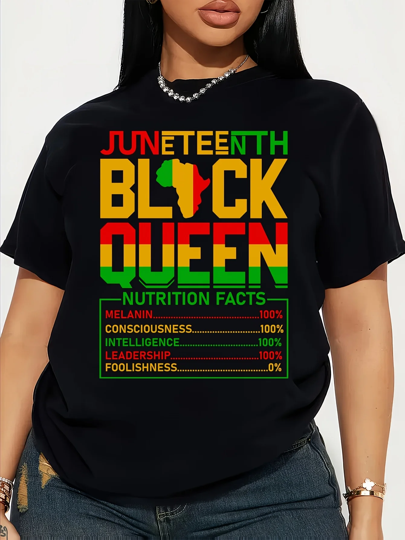 

[Juneteenth T-Shirt] Женская футболка с ярким геометрическим рисунком Juneteenth Black Queen | Мягкий эластичный круглый вырез с коротким рукавом