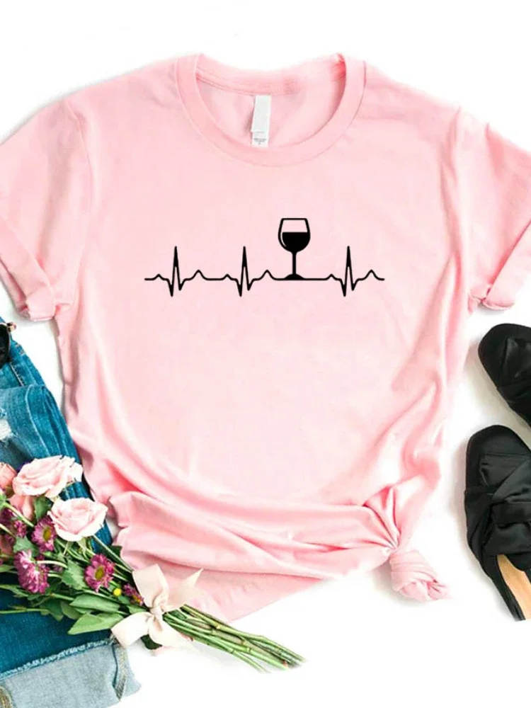 Wine Heartbeat Print T Shirt Women Short Sleeve O Neck Loose Tshirt Summer Women Causal Tee Shirt Tops Camisetas Mujer