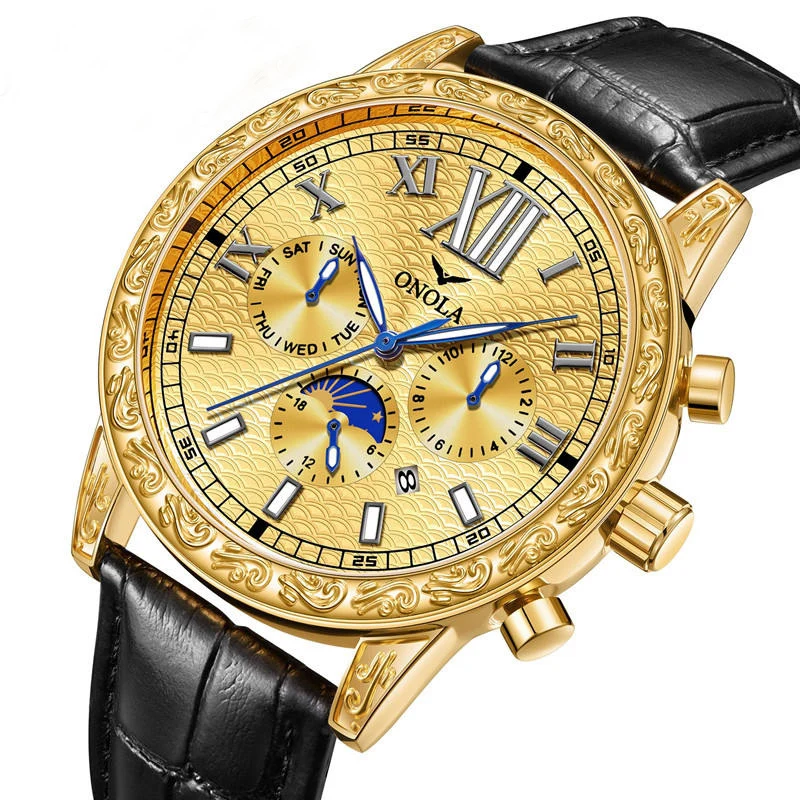 2023 New Brand Mechanical Automatic Vintage Watch for Men Dress Leather Luxury ONOLA Moon Phase Chronograph Character Watches