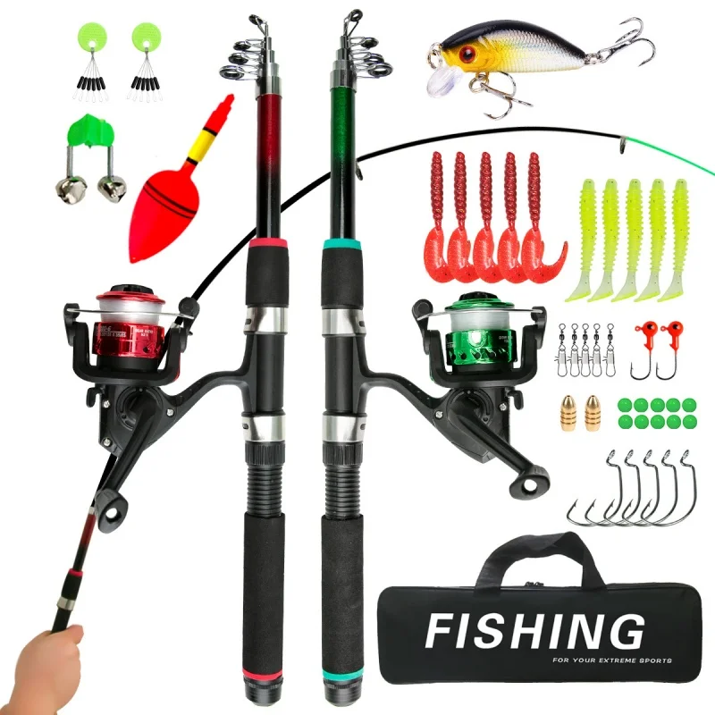 

1.8m Fishing Rod Set Complete Kits with Telescopic Fishing Rod and Reel Lures Hooks Travel Pole Set